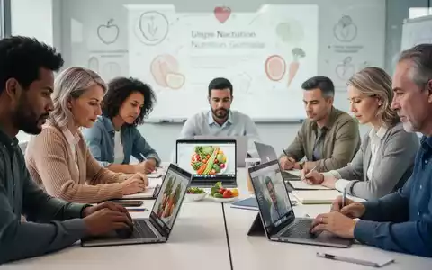 Eine Gruppe von Erwachsenen nimmt an einem Online-Seminar zu Ernährungsthemen teil, einige machen sich Notizen vor Laptops und Tablets. - Foto: über boerse-global.de