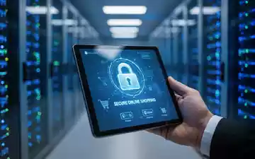 Eine Hand hält ein Tablet mit einer sicheren Online-Shopping-Oberfläche vor dem unscharfen Hintergrund eines Rechenzentrums, das digitale Sicherheit und Regulierung im E-Commerce symbolisiert. - Foto: über boerse-global.de