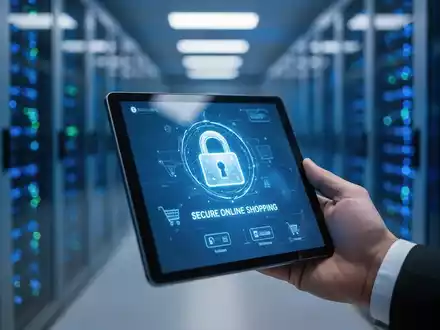 Eine Hand hält ein Tablet mit einer sicheren Online-Shopping-Oberfläche vor dem unscharfen Hintergrund eines Rechenzentrums, das digitale Sicherheit und Regulierung im E-Commerce symbolisiert. - Foto: über boerse-global.de
