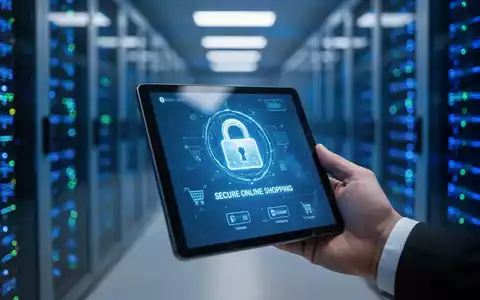 Eine Hand hält ein Tablet mit einer sicheren Online-Shopping-Oberfläche vor dem unscharfen Hintergrund eines Rechenzentrums, das digitale Sicherheit und Regulierung im E-Commerce symbolisiert. - Foto: über boerse-global.de