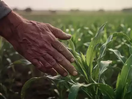 Eine Nahaufnahme einer verwitterten Hand, die ein grünes Pflanzenblatt in einem Feld berührt, symbolisiert landwirtschaftliche Arbeit und Krankheit. - Foto: über boerse-global.de