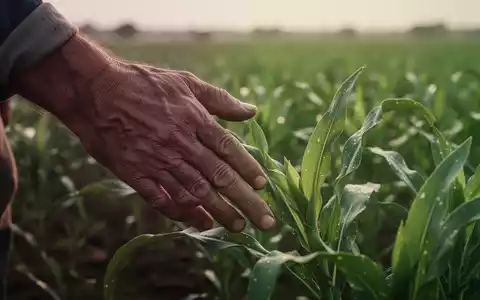 Eine Nahaufnahme einer verwitterten Hand, die ein grünes Pflanzenblatt in einem Feld berührt, symbolisiert landwirtschaftliche Arbeit und Krankheit. - Foto: über boerse-global.de