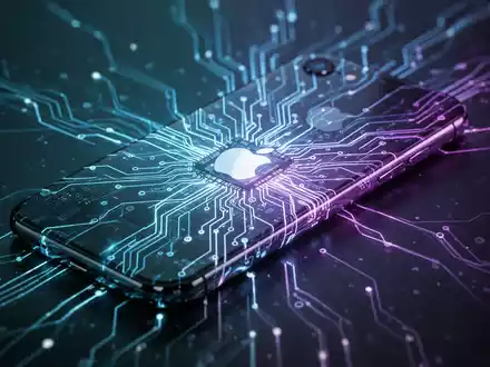 A glowing neural network design integrated into the silhouette of an Apple iPhone, representing AI and hardware. - Foto: über boerse-global.de