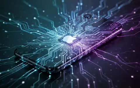 A glowing neural network design integrated into the silhouette of an Apple iPhone, representing AI and hardware. - Foto: über boerse-global.de