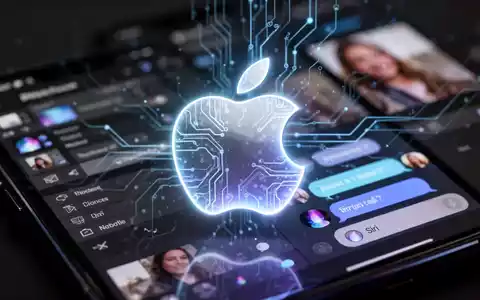 A glowing Apple logo with subtle AI patterns, superimposed over a blurred smartphone screen showing AI photo editing and a conversational Siri. - Foto: über boerse-global.de