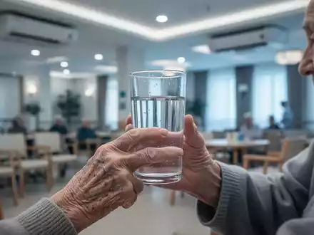 Eine ältere Hand hält ein Glas Wasser vor einem unscharfen Hintergrund eines gekühlten Gemeinschaftsbereichs in einem Pflegeheim. - Foto: über boerse-global.de
