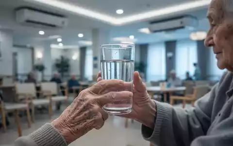 Eine ältere Hand hält ein Glas Wasser vor einem unscharfen Hintergrund eines gekühlten Gemeinschaftsbereichs in einem Pflegeheim. - Foto: über boerse-global.de