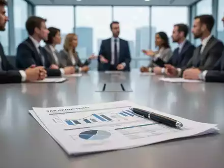 Ein moderner Konferenztisch mit einem Dokument, das Finanzdiagramme und einen Stift zeigt, im Hintergrund verschwommen Geschäftsleute. - Foto: über boerse-global.de