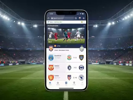 A smartphone displaying a browser interface with football scores and team information, set against a blurred stadium background. - Foto: über boerse-global.de
