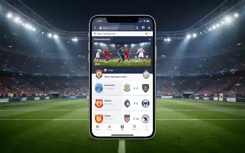 A smartphone displaying a browser interface with football scores and team information, set against a blurred stadium background. - Foto: über boerse-global.de