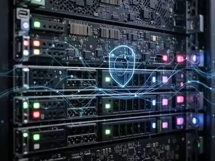 Ein Server-Rack in einem Rechenzentrum mit leuchtenden Anzeigen und einem digitalen Overlay, das Cybersicherheit und Compliance symbolisiert. - Foto: über boerse-global.de