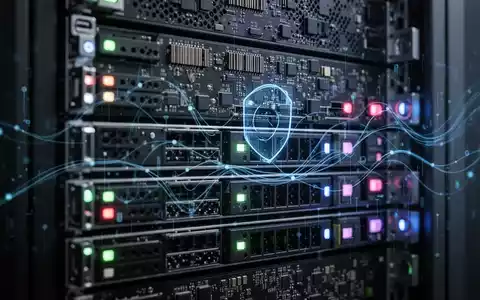 Ein Server-Rack in einem Rechenzentrum mit leuchtenden Anzeigen und einem digitalen Overlay, das Cybersicherheit und Compliance symbolisiert. - Foto: über boerse-global.de