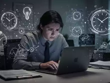 Eine gestresste Person sitzt an einem Laptop in einem dunklen Büro, umgeben von verschwommenen Formen, die Druck symbolisieren. - Foto: über boerse-global.de