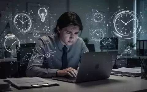 Eine gestresste Person sitzt an einem Laptop in einem dunklen Büro, umgeben von verschwommenen Formen, die Druck symbolisieren. - Foto: über boerse-global.de