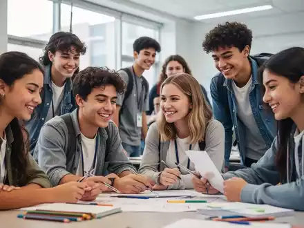 Eine vielfältige Gruppe selbstbewusster Jugendlicher in einem modernen Klassenzimmer, die gemeinsam an einem Projekt arbeiten und lächeln. - Foto: über boerse-global.de