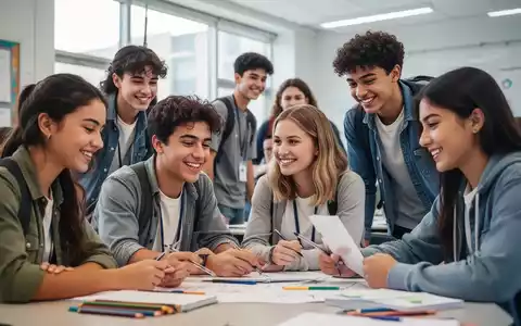 Eine vielfältige Gruppe selbstbewusster Jugendlicher in einem modernen Klassenzimmer, die gemeinsam an einem Projekt arbeiten und lächeln. - Foto: über boerse-global.de