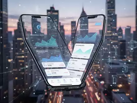 A smartphone displaying a digital banking app with charts and account details, set against a blurred city skyline. - Foto: über boerse-global.de