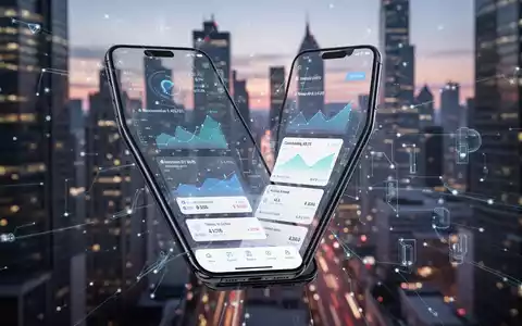 A smartphone displaying a digital banking app with charts and account details, set against a blurred city skyline. - Foto: über boerse-global.de