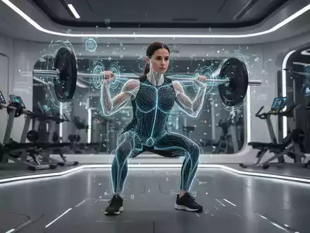 Eine Person macht Kniebeugen in einem modernen Fitnessstudio, überlagert von holografischen Datenpunkten, die eine KI-Analyse zeigen. - Foto: über boerse-global.de