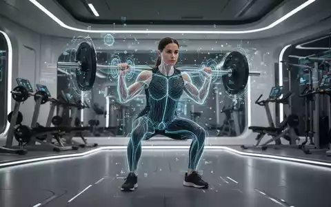 Eine Person macht Kniebeugen in einem modernen Fitnessstudio, überlagert von holografischen Datenpunkten, die eine KI-Analyse zeigen. - Foto: über boerse-global.de