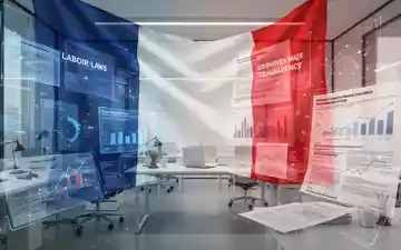 Eine stilisierte Darstellung der französischen Flagge, die sich in eine moderne Büroumgebung einfügt, mit abstrakten Rechtstexten und Diagrammen. - Foto: über boerse-global.de