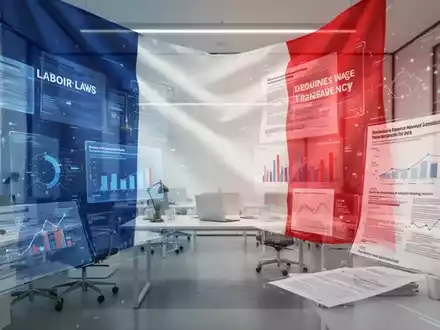 Eine stilisierte Darstellung der französischen Flagge, die sich in eine moderne Büroumgebung einfügt, mit abstrakten Rechtstexten und Diagrammen. - Foto: über boerse-global.de