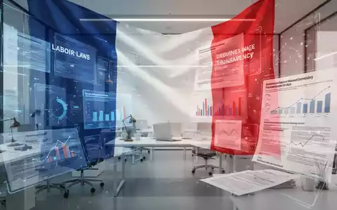 Eine stilisierte Darstellung der französischen Flagge, die sich in eine moderne Büroumgebung einfügt, mit abstrakten Rechtstexten und Diagrammen. - Foto: über boerse-global.de
