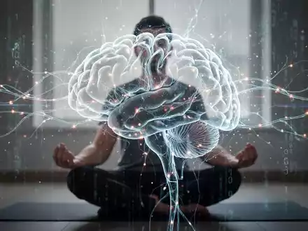 Eine stilisiertes Gehirn, das von digitalen Datenströmen und neuronalen Bahnen umgeben ist, überlagert eine Person in nachdenklicher Pose. - Foto: über boerse-global.de