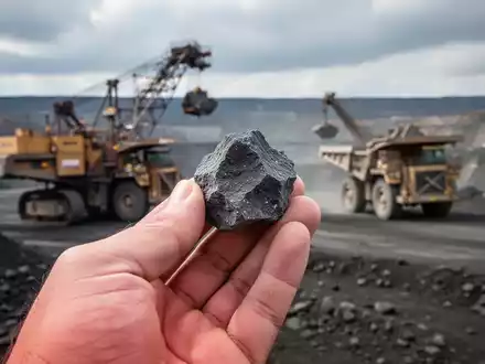 Nahaufnahme einer Hand, die ein seltenes Erdmineral hält, mit verschwommener Bergbauausrüstung im Hintergrund. - Foto: über boerse-global.de