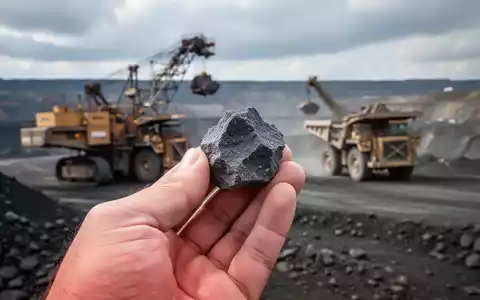 Nahaufnahme einer Hand, die ein seltenes Erdmineral hält, mit verschwommener Bergbauausrüstung im Hintergrund. - Foto: über boerse-global.de