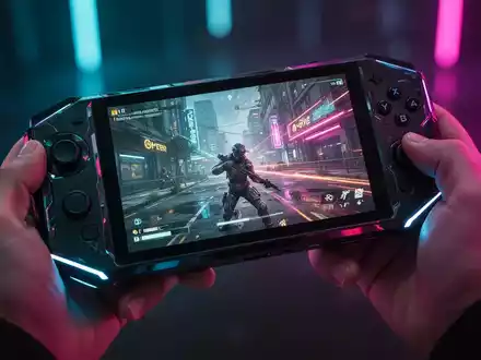 A person's hands holding a sleek, modern handheld gaming PC with a vibrant game displayed on its screen. - Foto: über boerse-global.de
