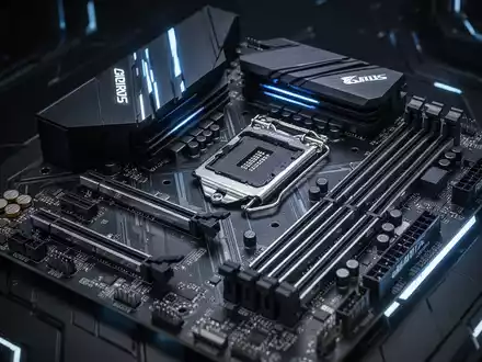 A close-up of a high-tech computer motherboard, the Gigabyte AORUS Z990 PRO, with intricate silver and black components illuminated by blue light. - Foto: über boerse-global.de