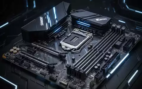 A close-up of a high-tech computer motherboard, the Gigabyte AORUS Z990 PRO, with intricate silver and black components illuminated by blue light. - Foto: über boerse-global.de