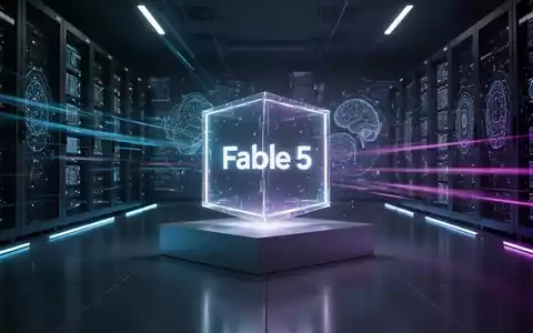 Ein futuristischer, leuchtender Würfel mit der Aufschrift 'Fable 5' in einem hochmodernen Rechenzentrum mit blauen und violetten Lichtern. - Foto: über boerse-global.de