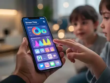 A parent's hand holding a smartphone showing the Screen Time interface, with a child's hand reaching towards it. - Foto: über boerse-global.de
