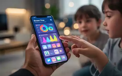 A parent's hand holding a smartphone showing the Screen Time interface, with a child's hand reaching towards it. - Foto: über boerse-global.de