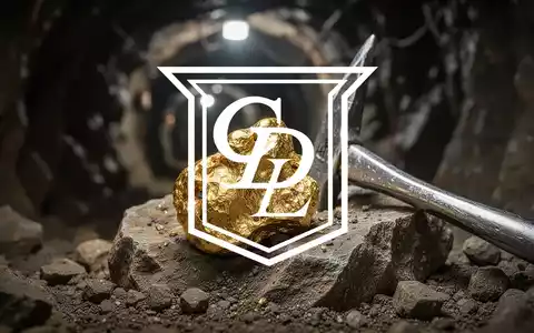Ein glänzendes Goldnugget, teilweise in Fels eingebettet, mit einer silbernen Spitzhacke in einem unscharfen Minenhintergrund. - Foto: über boerse-global.de