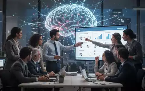 Eine Gruppe von Fachleuten arbeitet in einem modernen Büro, im Hintergrund eine stilisierte, leuchtende KI-Gehirnstruktur. - Foto: über boerse-global.de