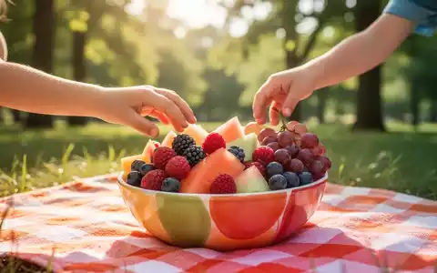 Ein Kind greift nach einer Schale mit frischen, bunten Sommerfrüchten auf einer Picknickdecke im Freien, sonnenbeschienen. - Foto: über boerse-global.de