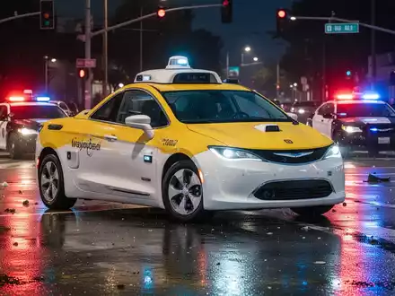 A Waymo robotaxi stopped at an intersection with a police car's emergency lights flashing in the background on wet asphalt. - Foto: über boerse-global.de