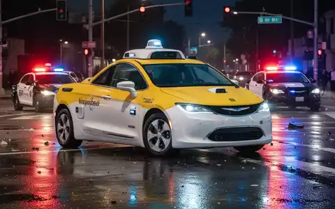 A Waymo robotaxi stopped at an intersection with a police car's emergency lights flashing in the background on wet asphalt. - Foto: über boerse-global.de