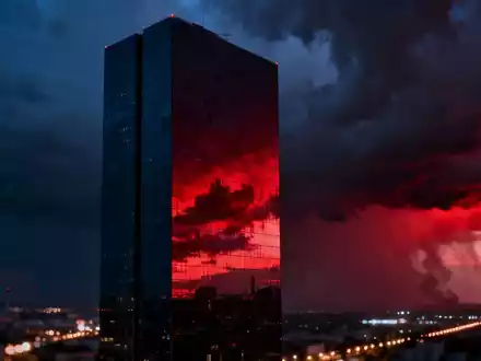 Ein einsamer, moderner Wolkenkratzer in dramatischer Abenddämmerung, die Fassade spiegelt einen roten Himmel wider. - Foto: über boerse-global.de