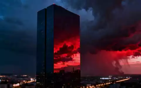 Ein einsamer, moderner Wolkenkratzer in dramatischer Abenddämmerung, die Fassade spiegelt einen roten Himmel wider. - Foto: über boerse-global.de