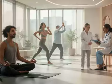 Eine Gruppe von Menschen, die sich in einem modernen Wellnesscenter mit präventiven Gesundheits- und Wellnessaktivitäten beschäftigen. - Foto: über boerse-global.de
