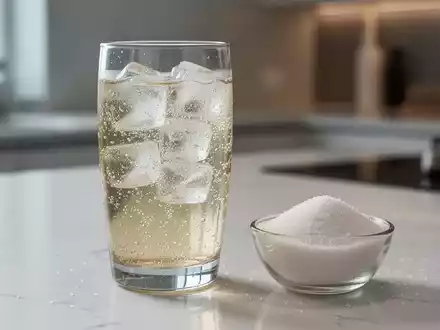 Ein Glas Light-Getränk mit Eiswürfeln neben einem Haufen Zucker, auf einer modernen Küchenarbeitsplatte. - Foto: über boerse-global.de