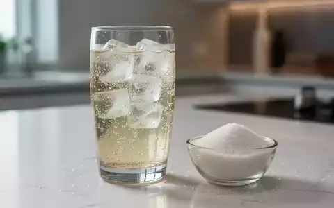 Ein Glas Light-Getränk mit Eiswürfeln neben einem Haufen Zucker, auf einer modernen Küchenarbeitsplatte. - Foto: über boerse-global.de