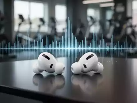 Apple AirPods Pro Kopfhörer auf einer glänzenden Oberfläche, im Hintergrund verschwommenes Fitnessstudio und Equalizer-Grafik. - Foto: über boerse-global.de