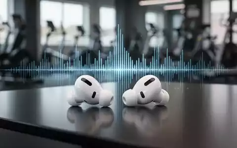 Apple AirPods Pro Kopfhörer auf einer glänzenden Oberfläche, im Hintergrund verschwommenes Fitnessstudio und Equalizer-Grafik. - Foto: über boerse-global.de