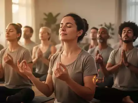 Eine friedliche Gruppe von Menschen praktiziert Bhramari Pranayama mit geschlossenen Augen und ruhigen Ausdrücken in einem hellen Raum. - Foto: über boerse-global.de