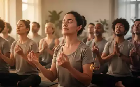 Eine friedliche Gruppe von Menschen praktiziert Bhramari Pranayama mit geschlossenen Augen und ruhigen Ausdrücken in einem hellen Raum. - Foto: über boerse-global.de